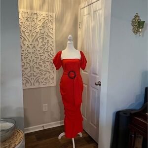 VENUS Red Midi Bodycon Dress with Square Neck